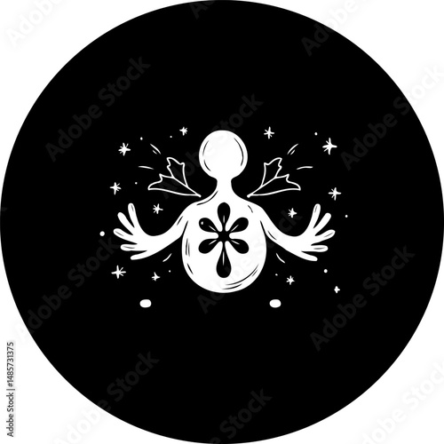 Stylized abstract figure radiating energy within a circular black composition