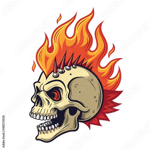 Render a flaming skull with a spiked mohawk, glowing red-hot teeth, and intense, fiery eyes.  Include detailed bone textures and realistic fire effects.