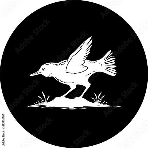 Stylized white bird in poised stance against circular dark backdrop design