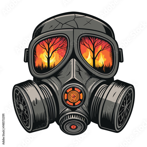A gritty, urban graffiti-style artwork depicting a gas mask, its lens reflecting fiery orange and yellow flames.  The overall aesthetic is dark and dystopian.