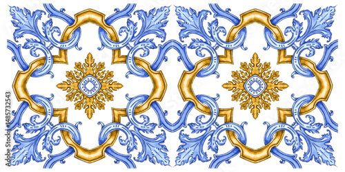 Vector decorative pattern blue and white design with frame or border. Baroque Vector mosaic. Traced watercolo. Capri Majolica	