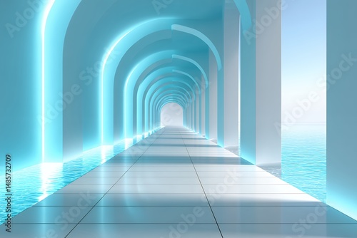 Futuristic Cyan Illuminated Archway Corridor over Water