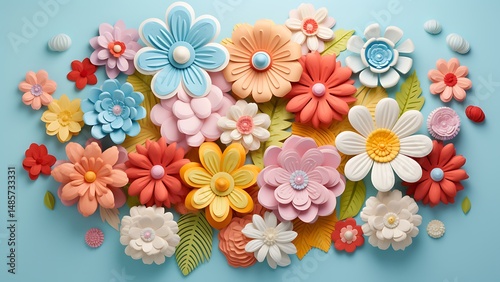 Beautiful floral paper cutout composition featuring colorful dimensional flower blossoms on a light blue background.
