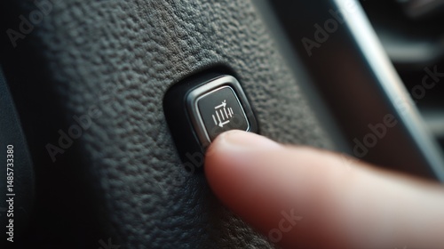 Close-Up View of Vehicle Button with Hand Pressing Control for Defogger or Defroster Function in Modern Car Interior photo