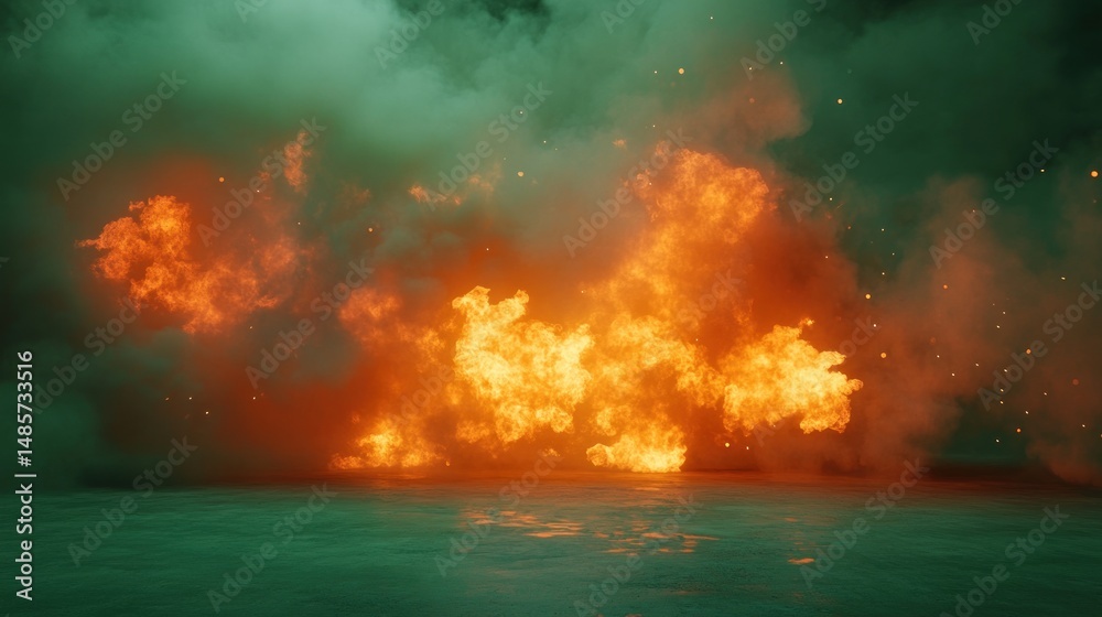 Fototapeta premium Infernal Blaze: A fiery spectacle of intense combustion, captured in a dramatic, smoky setting.
