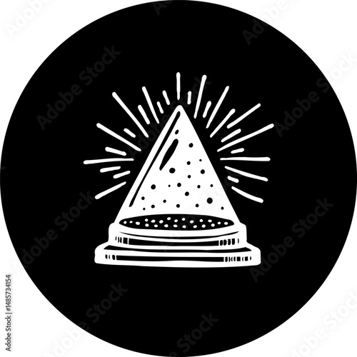 Stylized esoteric crystal pyramid on a pedestal emitting mystical radiance