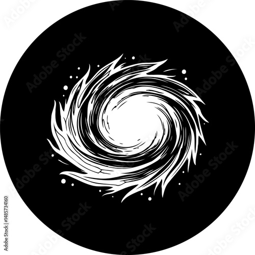 Abstract swirling vortex illustration within a circular black background