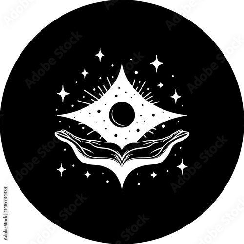 Mystical hands holding a radiant celestial eye, surrounded by starlight magic