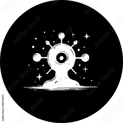Stylized sci-fi monster glyph featuring orbital elements in bold monochrome
