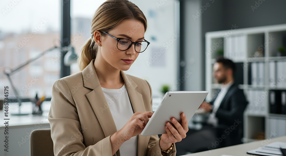 Focused Businesswoman Working on Tablet in Modern Office Focused Businesswoman Working on Tablet in Modern Office