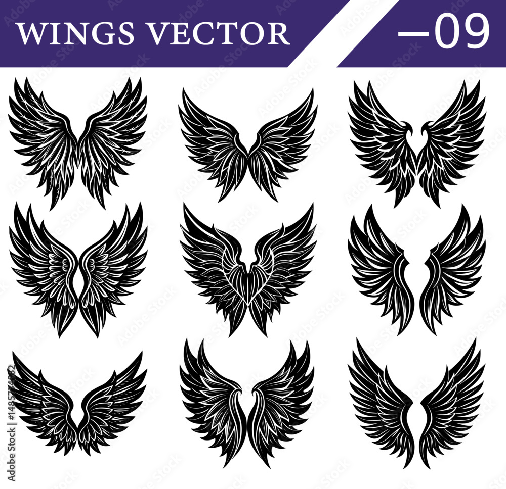 Vector Set of Dark Black Feather Wings – Gothic Angel and Demon Silhouettes for Tattoo Art and Mystical Halloween Design Themes. Vector Set of Dark Black Feather Wings – Gothic Angel and Demon Silhouettes for Tattoo Art and Mystical Halloween Design Themes.