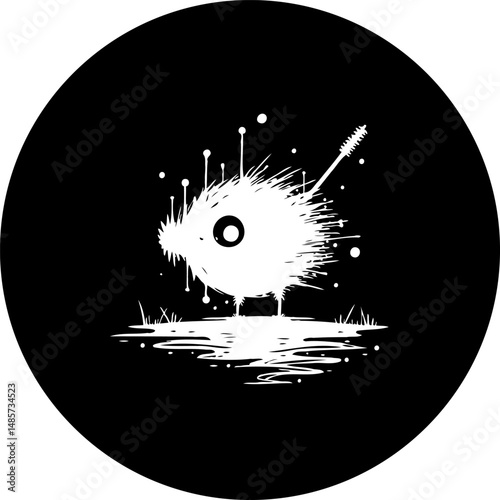 Stylized depiction of a bird, evoking whimsical charm within a stark circular design