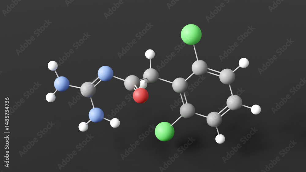 Fototapeta premium guanfacine molecule 3d, molecular structure, ball and stick model, structural chemical formula antihypertensive agent