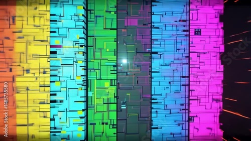 Abstract blocks and pixel patterns in vibrant colors forming a mosaic, representing data, coding, information structure or visual design in digital space