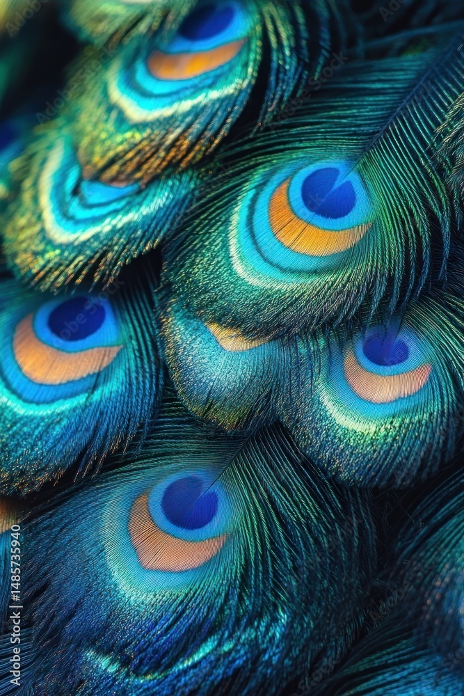 Obraz premium Close-up of vibrant peacock feathers showing iridescent blue, green, and gold colors with detailed patterns and soft texture