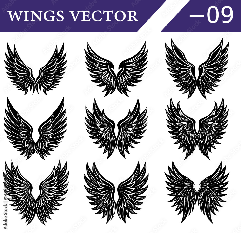 Fototapeta premium Intricate Vector Set of Black Wings – Gothic Feather Silhouettes for Tattoo Concepts, Dark Fantasy Posters, and Halloween Designs.