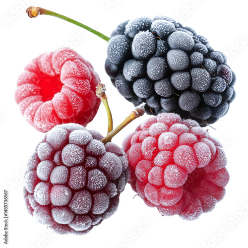 frosted berries: raspberry and blackberry isolated on black