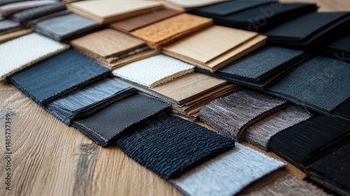 Flat lay of interior design samples: grey and black textiles, wood panels, and paint samples in organized rows. 