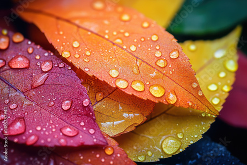 Water droplets on vibrant autumn leaves.