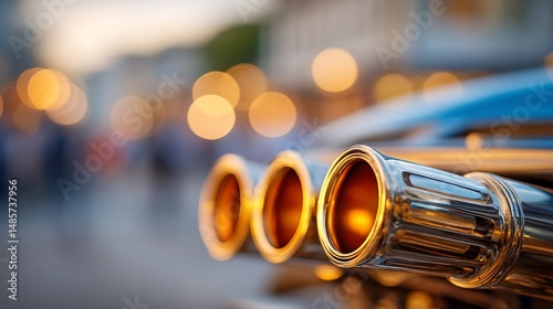 Chrome exhaust pipes gleam blurred background