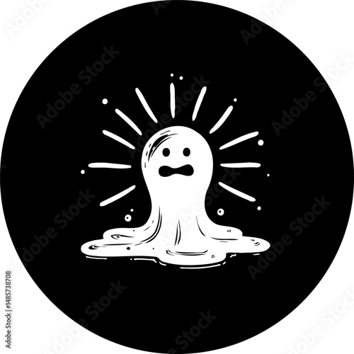 Whimsical apparition icon radiating spectral energy on a stark black backdrop