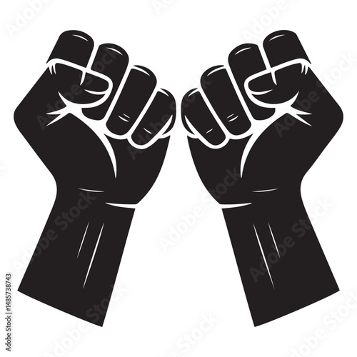 Two fists raised in solidarity and protest, Vector black silhouette. with white background