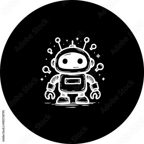 Stylized Robot Illustration Centered on a Black Circular Background Design