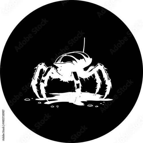 Monochrome arachnid emblem within a circular frame evoking mystique and intrigue