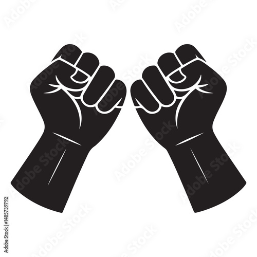 Two fists raised in solidarity and protest, Vector black silhouette. with white background