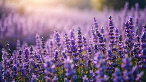 A field of blooming lavender flowers captured in soft focus under natural light, symbolizing calmness, nature beauty and floral essence in countryside setting