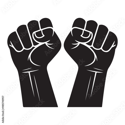 Two fists raised in solidarity and protest, Vector black silhouette. with white background