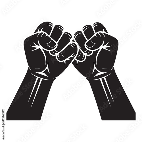 Two fists raised in solidarity and protest, Vector black silhouette. with white background