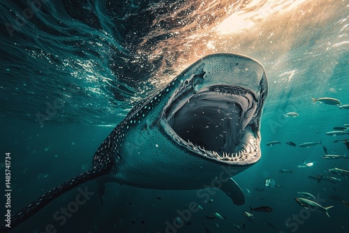 Whale Shark Swimming Underwater with Sunlight Rays and Fish