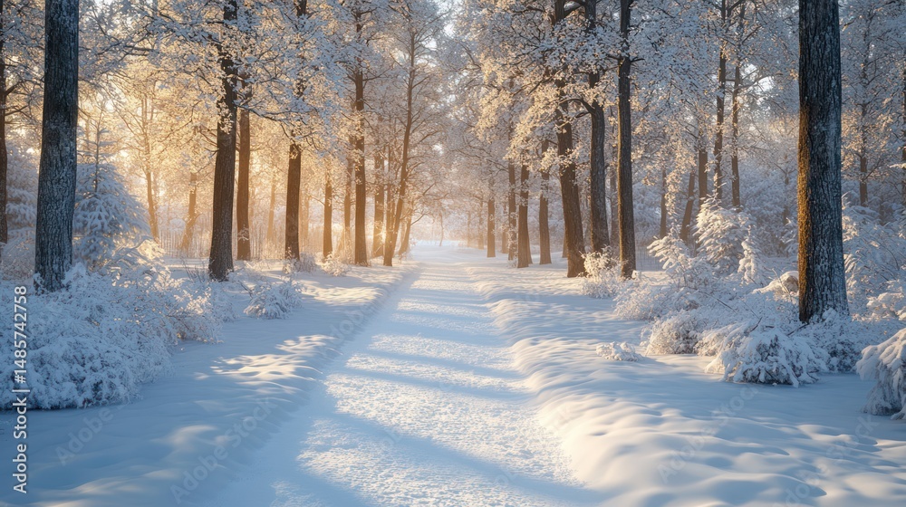Fototapeta premium Snowy forest path at sunrise. Possible use Nature background