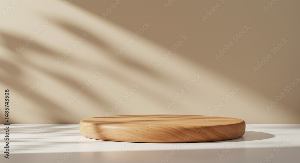 Wooden Display Stand Beige Background Natural Light Minimalist Product Photography Mockup Round Wooden Display Stand Beige Background Natural Light Minimalist Product Photography Mockup Round