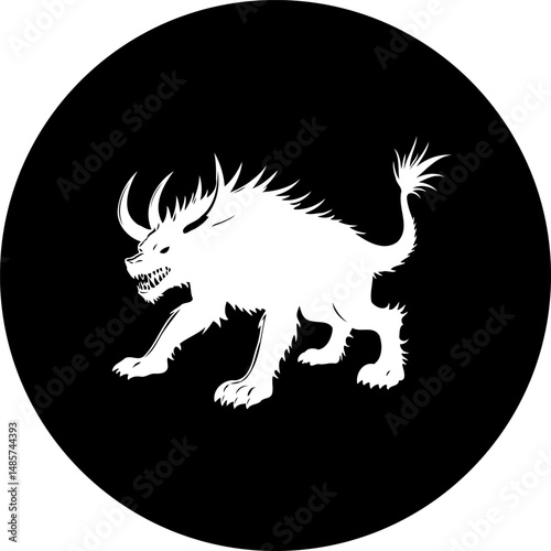 Stylized silhouette of a mythical creature emblem against a stark black backdrop
