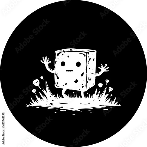Monochromatic cube character with expressive design in a circular composition