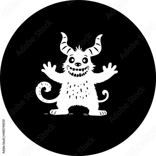 Whimsical Horned Creature Illustration in Black and White Circular Composition