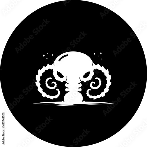Stylized, surreal skull with swirling tendrils in bold, high-contrast monochrome
