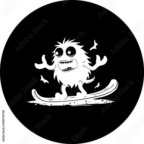 Cartoon monster skiing on snowy slopes, joyful mountain adventure illustration