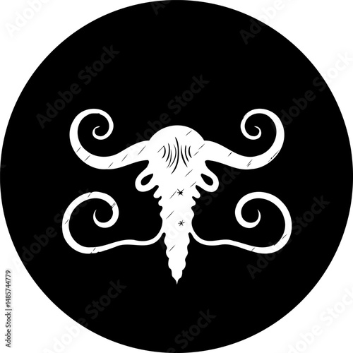Abstract depiction of an animal form in white over a circular black canvas