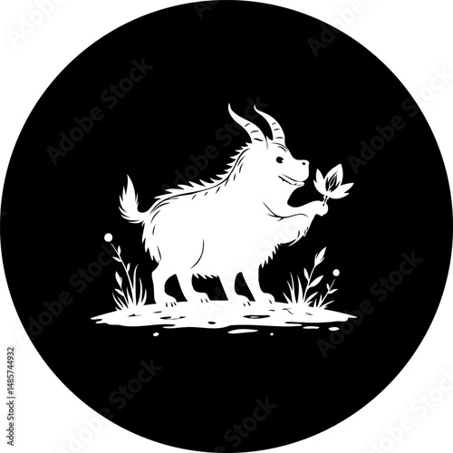 Stylized Creature Holding a Leaf in a Black Circle Artistic Representation