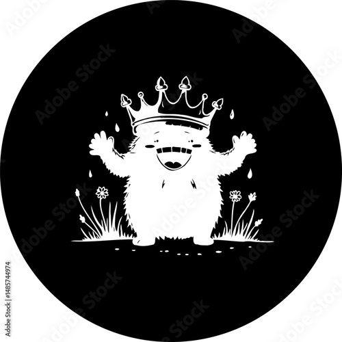 Stylized illustration of a crowned, whimsical creature in a circular frame