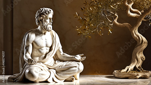 Symmetrical Marble Sculpture of a Seated Wise Man