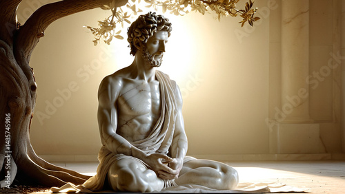 Classical Statue of Elderly Greek Figure in Meditative Position