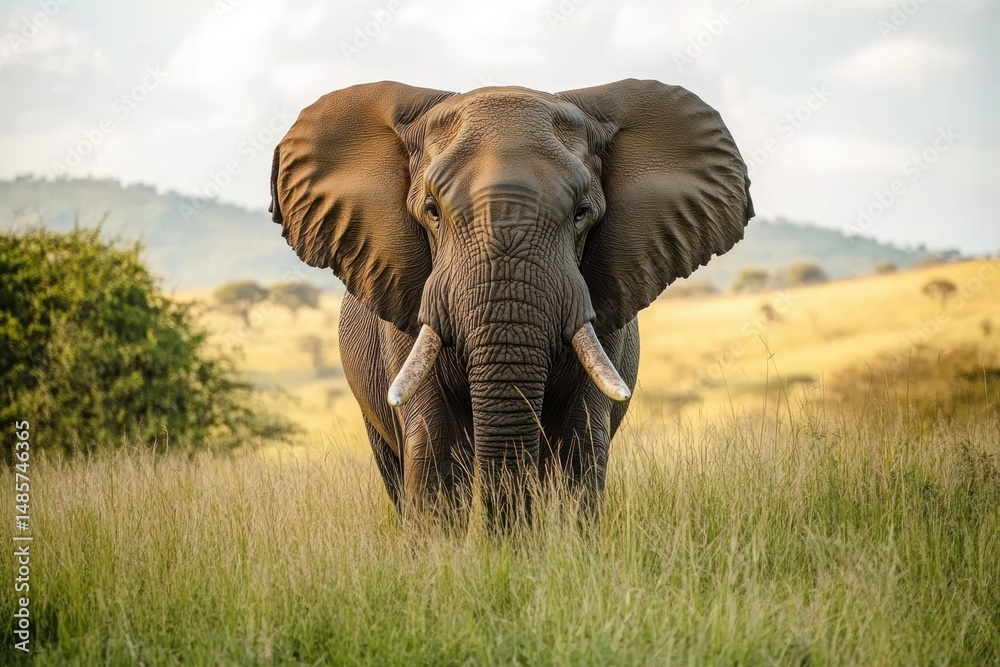 Fototapeta premium Majestic elephant standing in tall grass with open ears in a sunlit savanna landscape