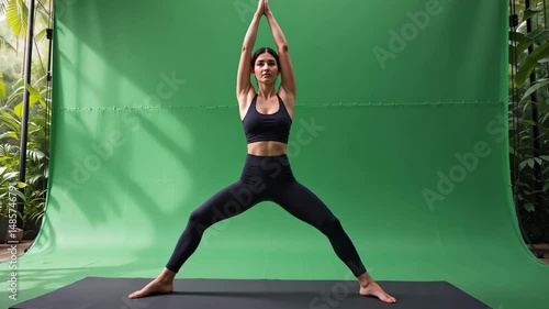 Wallpaper Mural A woman practicing yoga on a green screen background in workout clothes, holding a warrior pose, symbolizing fitness, balance, and healthy lifestyle training Torontodigital.ca