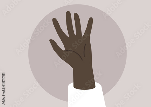 A dark skinned hand waving in a joyful greeting, expressing warmth and friendliness