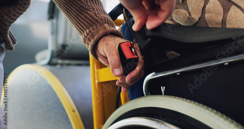 Hands, people and seatbelt in bus for safety, road law and protection for accident in vehicle. Person with a disability, travel and click for security from danger, insurance or harness in transport