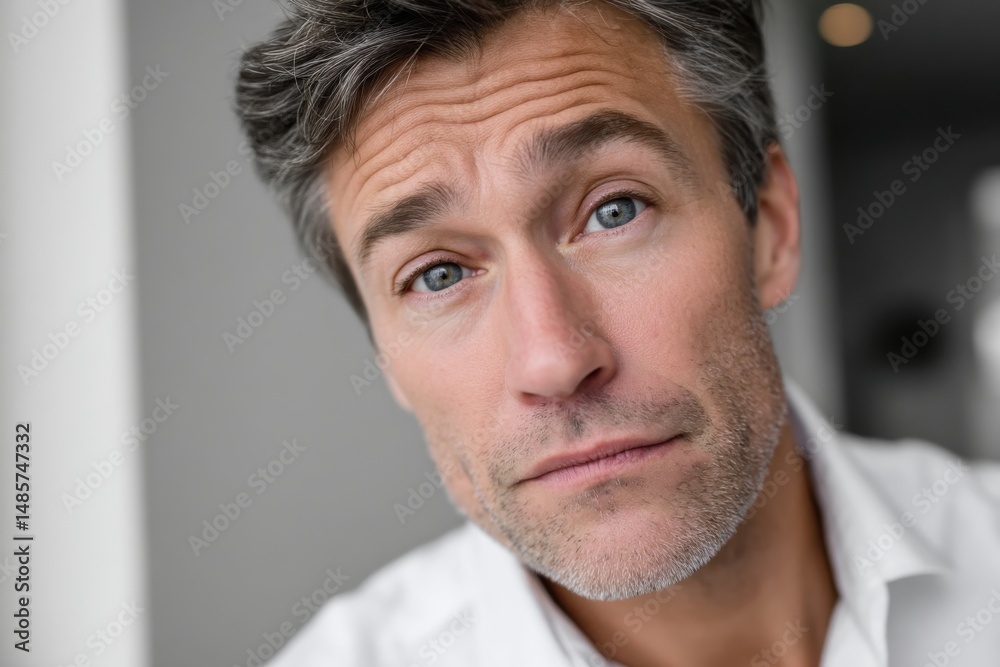 Obraz premium A pensive man with a subtle expression gazes directly at the camera, showcasing his thoughtful demeanor in a well-lit, modern indoor setting.